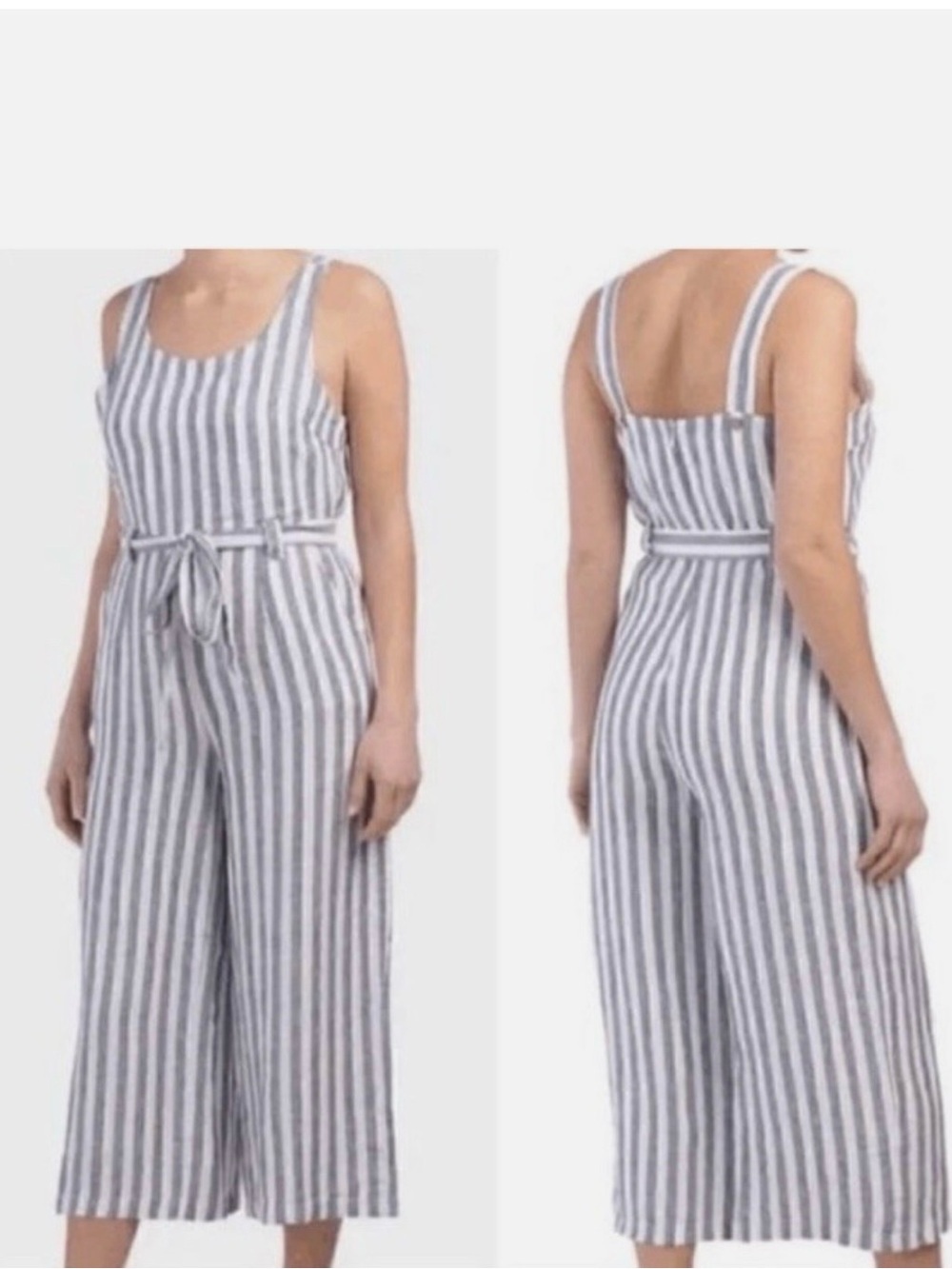 Rachel Zoe Linen Crop Jumpsuit Wide Leg Blue White Stripes Beach Boho Nautical